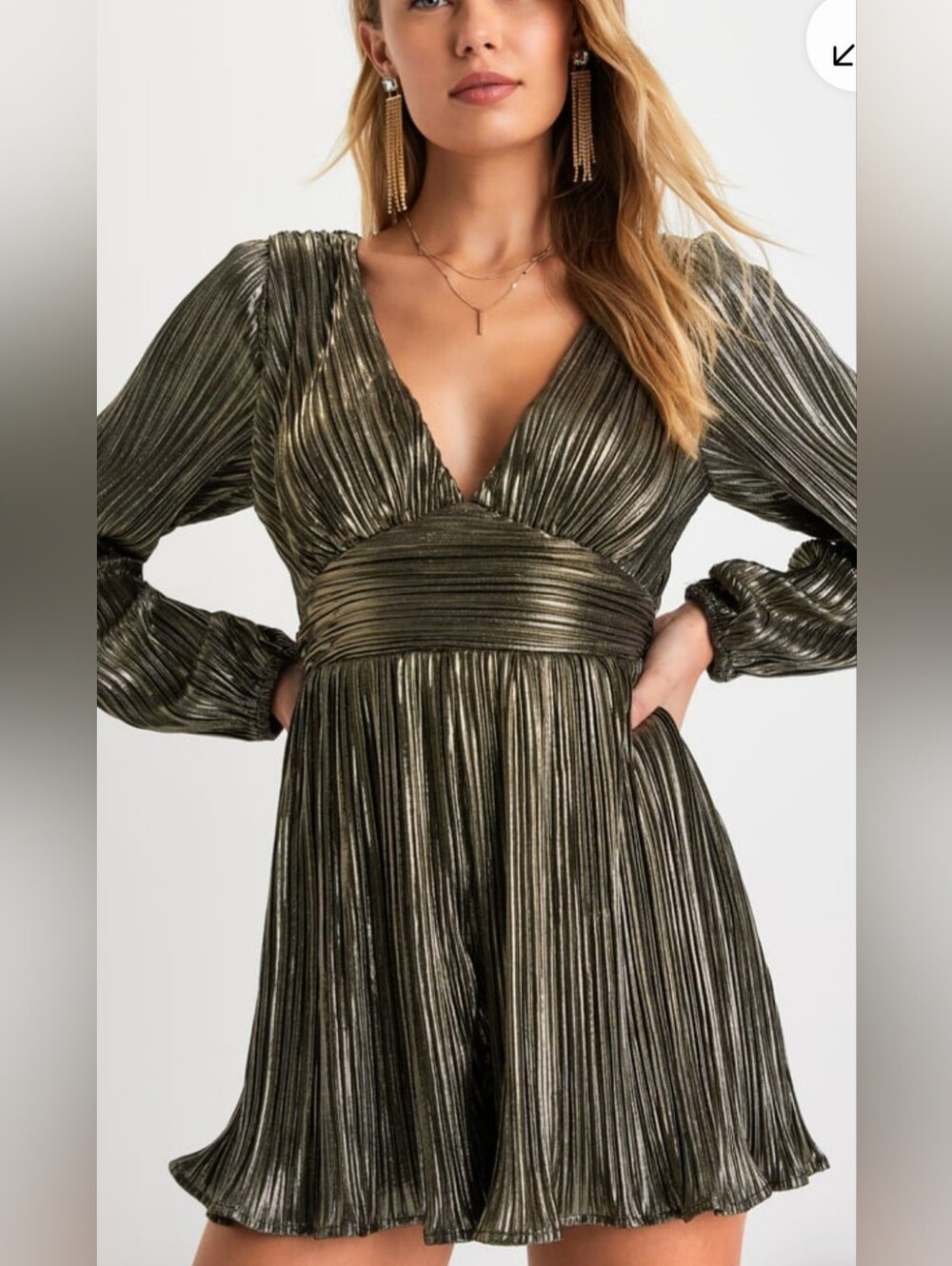 NWOT Lulus Plisse and Thank You Gold Pleated Long Sleeve Backless Romper size XS